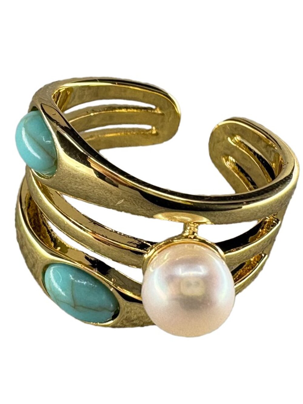 18K Gold Plated Turquoise & Freshwater Pearl Adjustable Multi-Layer Ring 4.33g